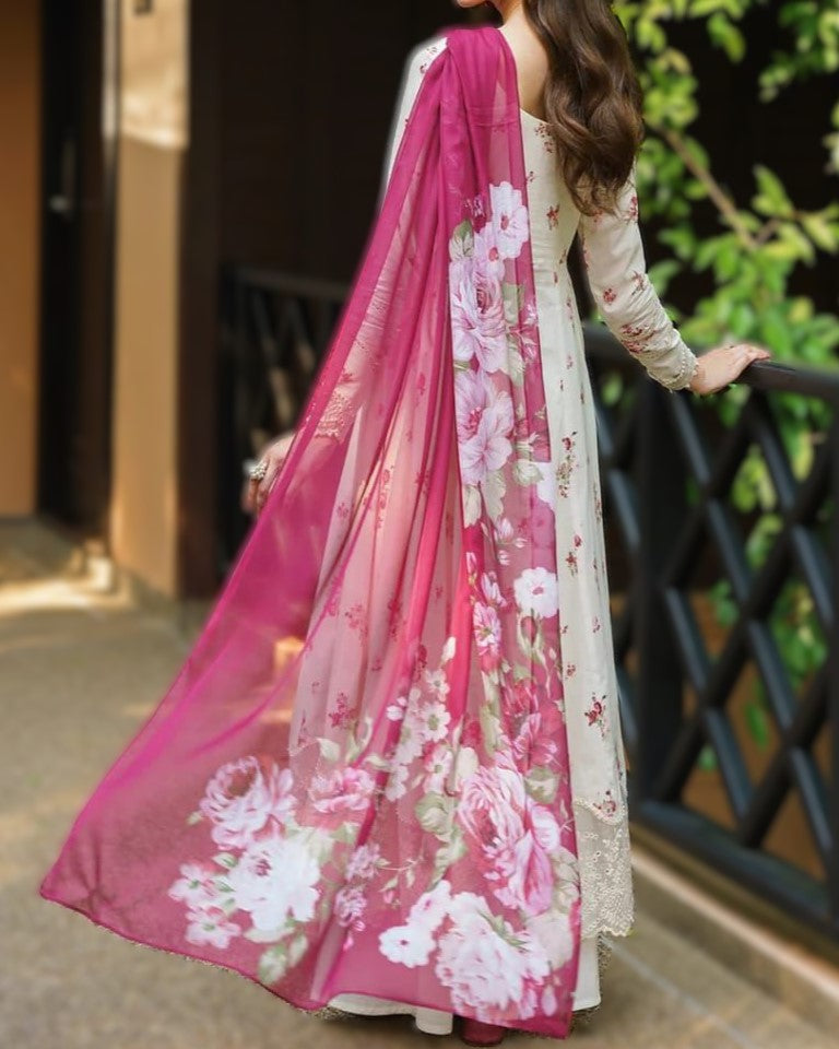 Digital printed linen 3-piece unstitched suit with embroidered border