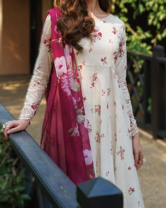 Digital Printed Linen 3-Piece Unstitched Suit with Embroidered Patches – Winter Collection