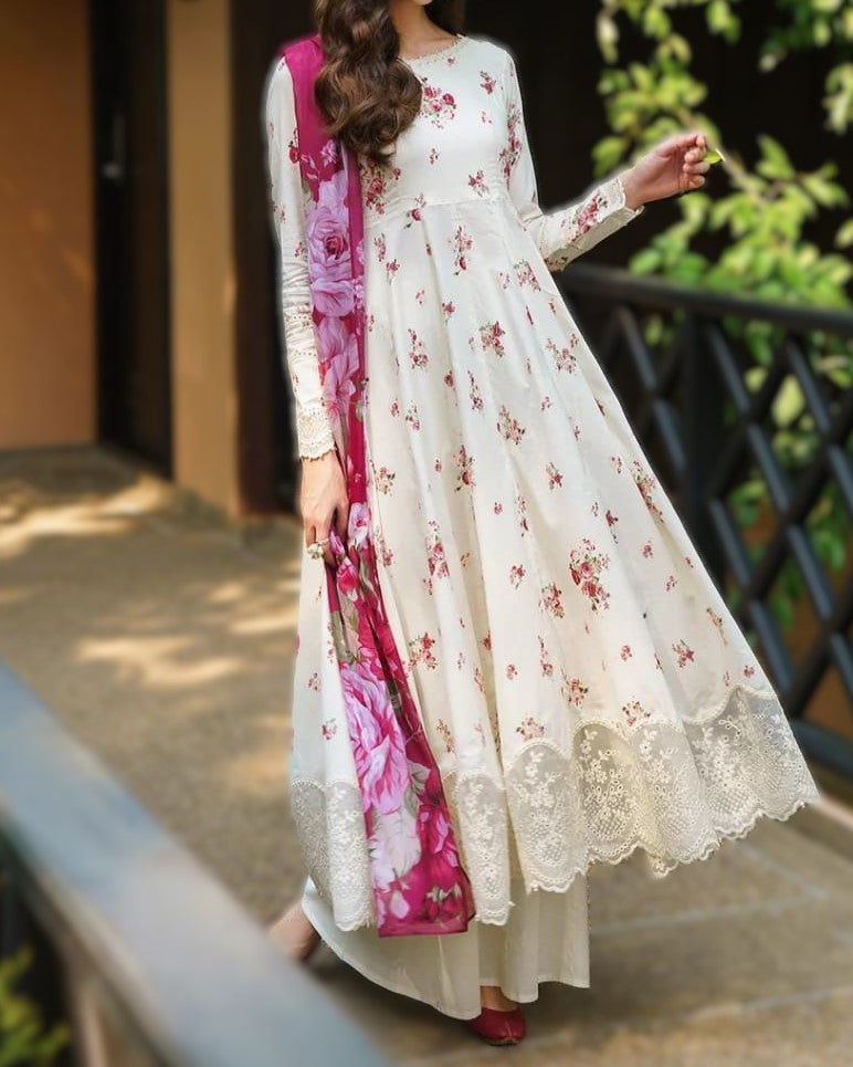 Digital printed linen 3-piece unstitched suit with embroidered border