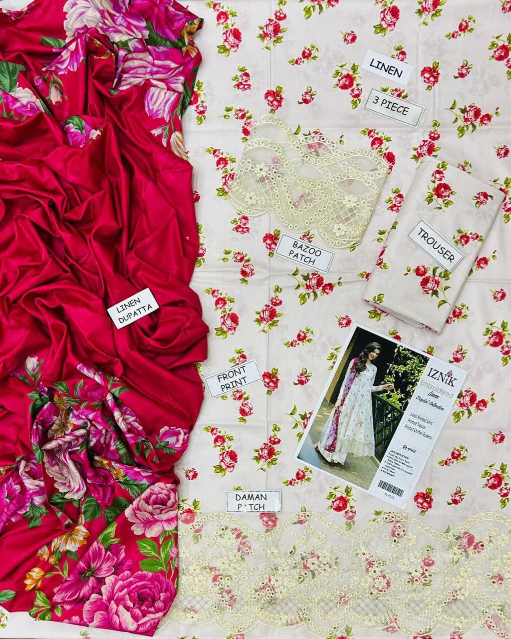 Digital printed linen 3-piece unstitched suit with embroidered border