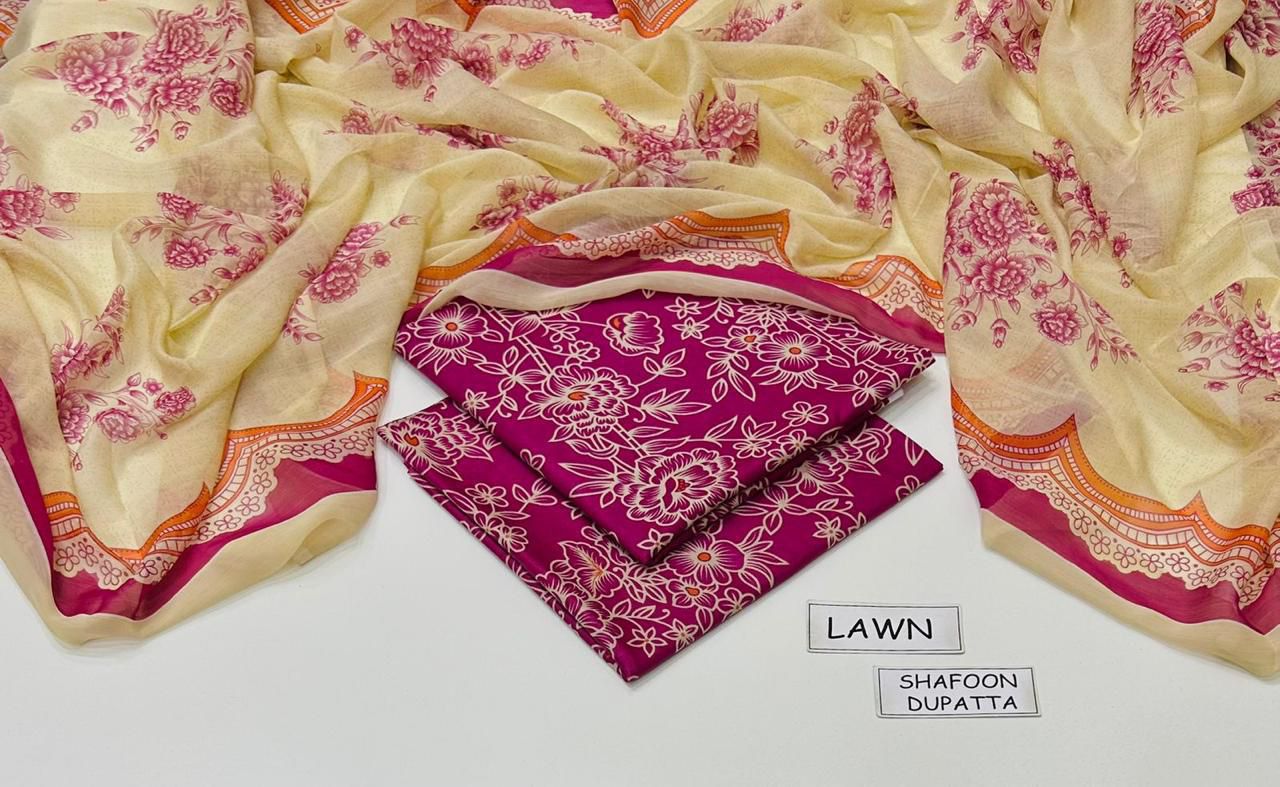 Printed Lawn 3-Piece Unstitched Suit with Digital Chiffon & Lawn Dupatta