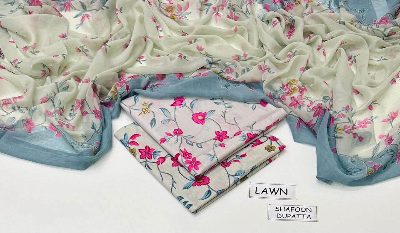 Printed Lawn 3-Piece Unstitched Suit with Digital Chiffon & Lawn Dupatta