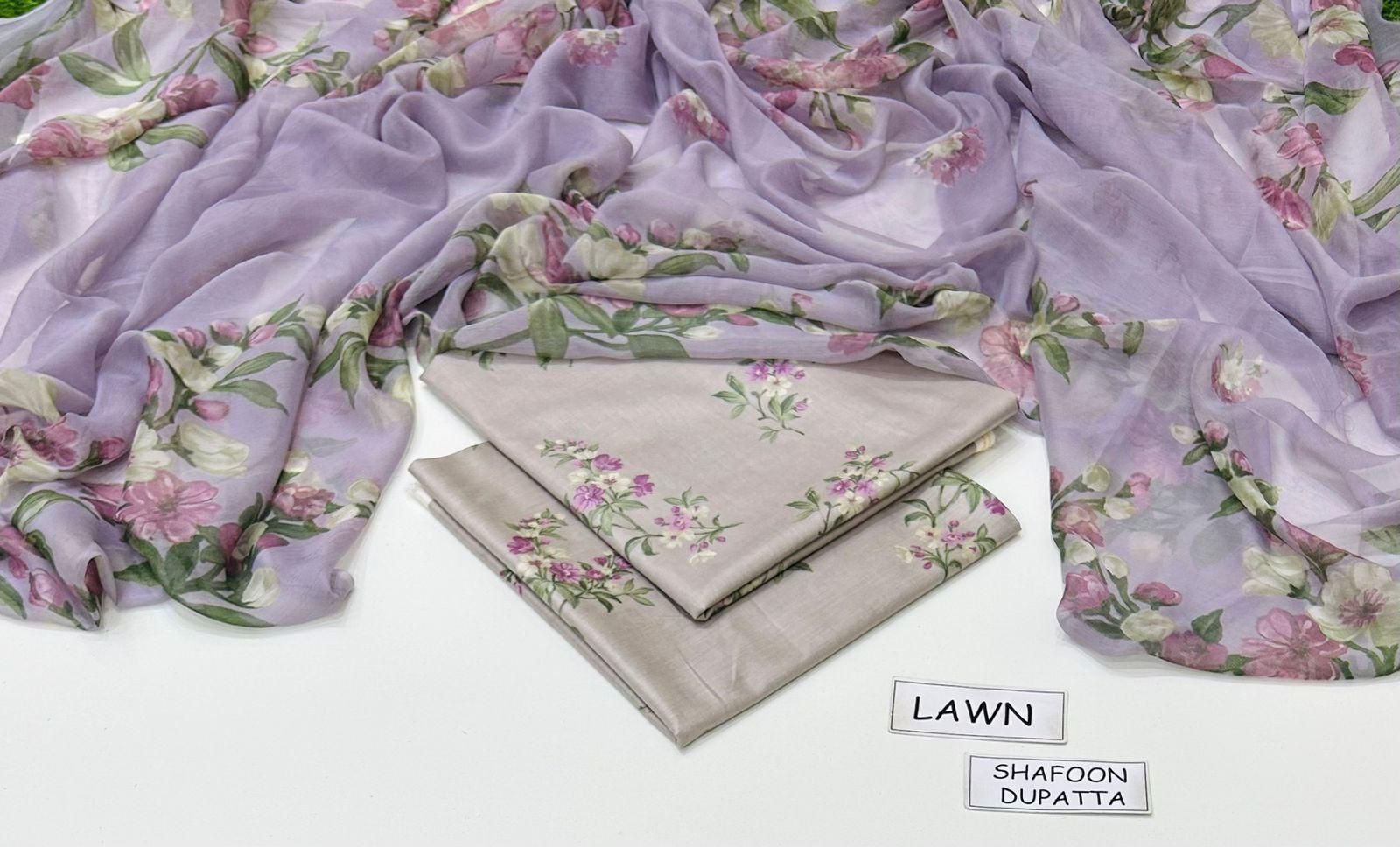 Printed Lawn 3-Piece Unstitched Suit with Digital Chiffon & Lawn Dupatta