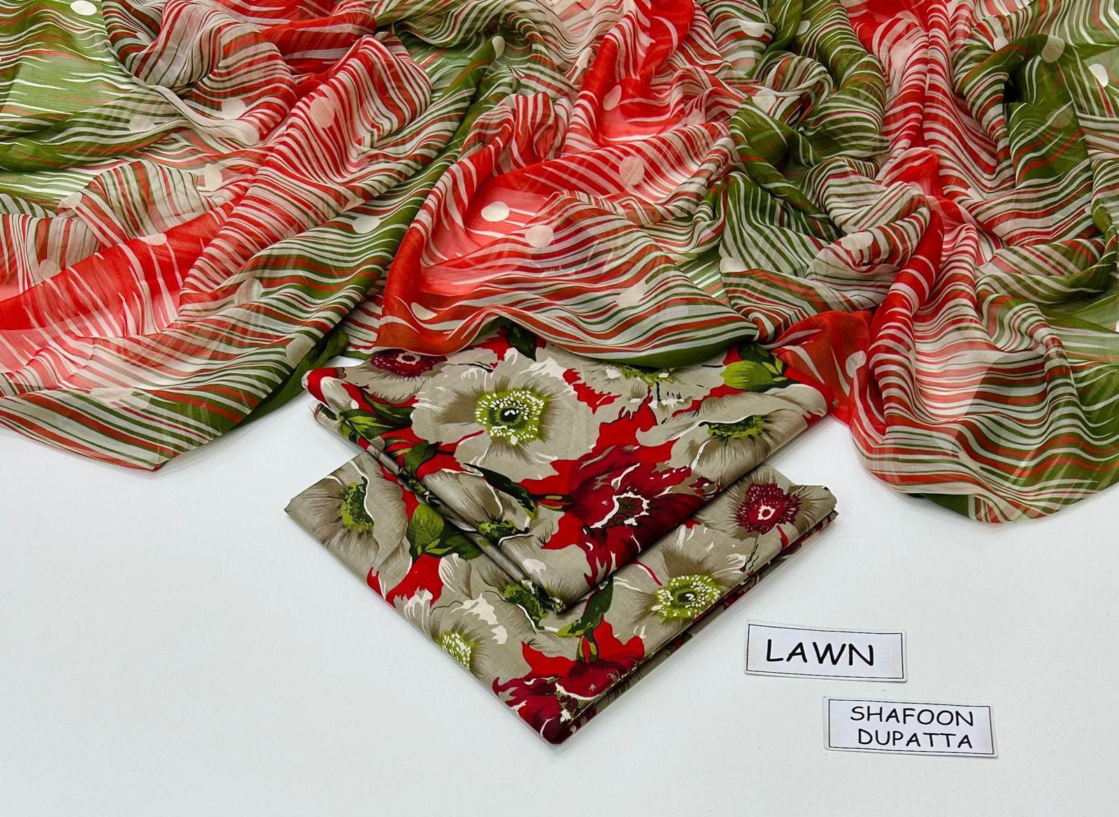 Printed Lawn 3-Piece Unstitched Suit with Digital Chiffon & Lawn Dupatta