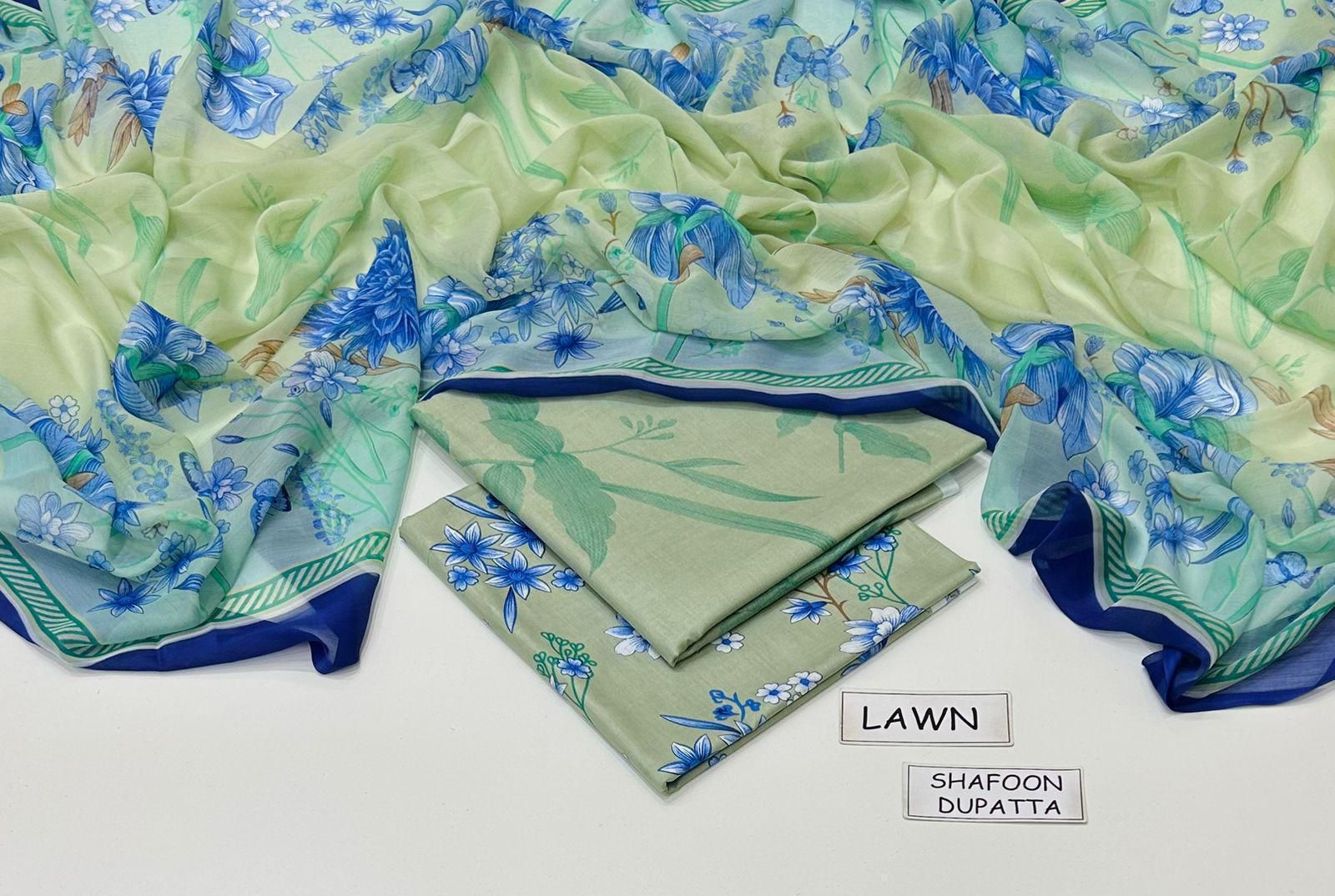 Printed Lawn 3-Piece Unstitched Suit with Digital Chiffon & Lawn Dupatta