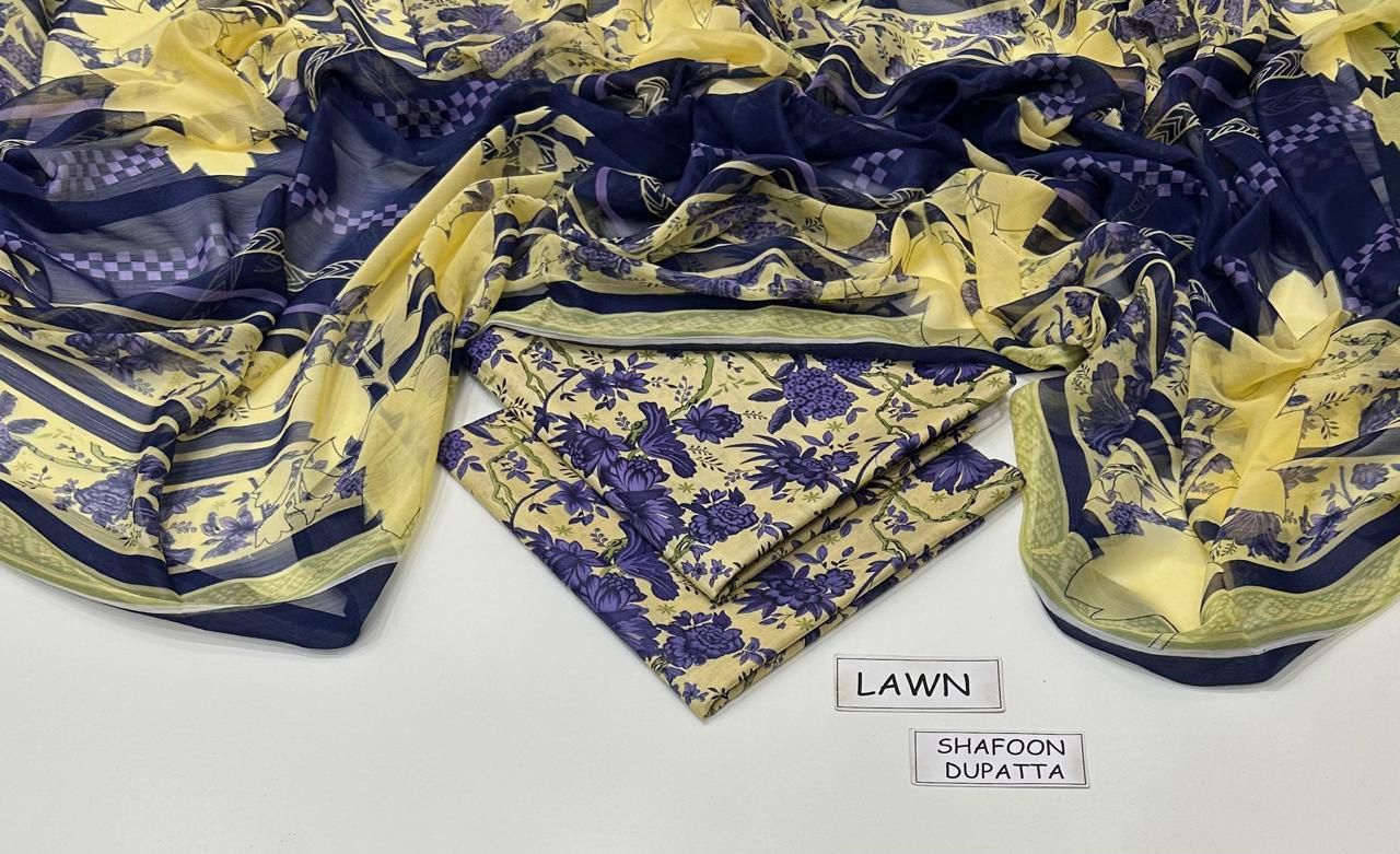 Printed Lawn 3-Piece Unstitched Suit with Digital Chiffon & Lawn Dupatta