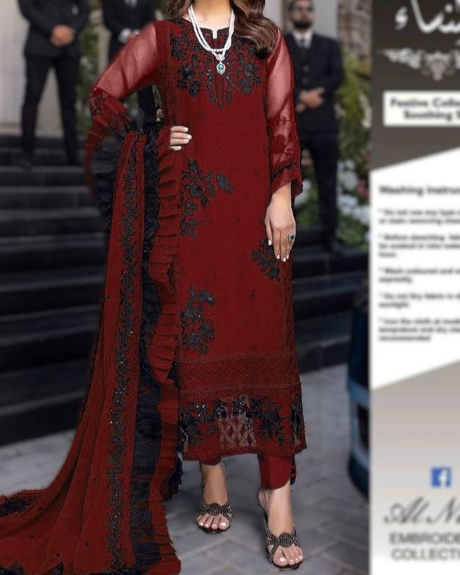 Women’s chiffon embroidered suit with neck and daman patches