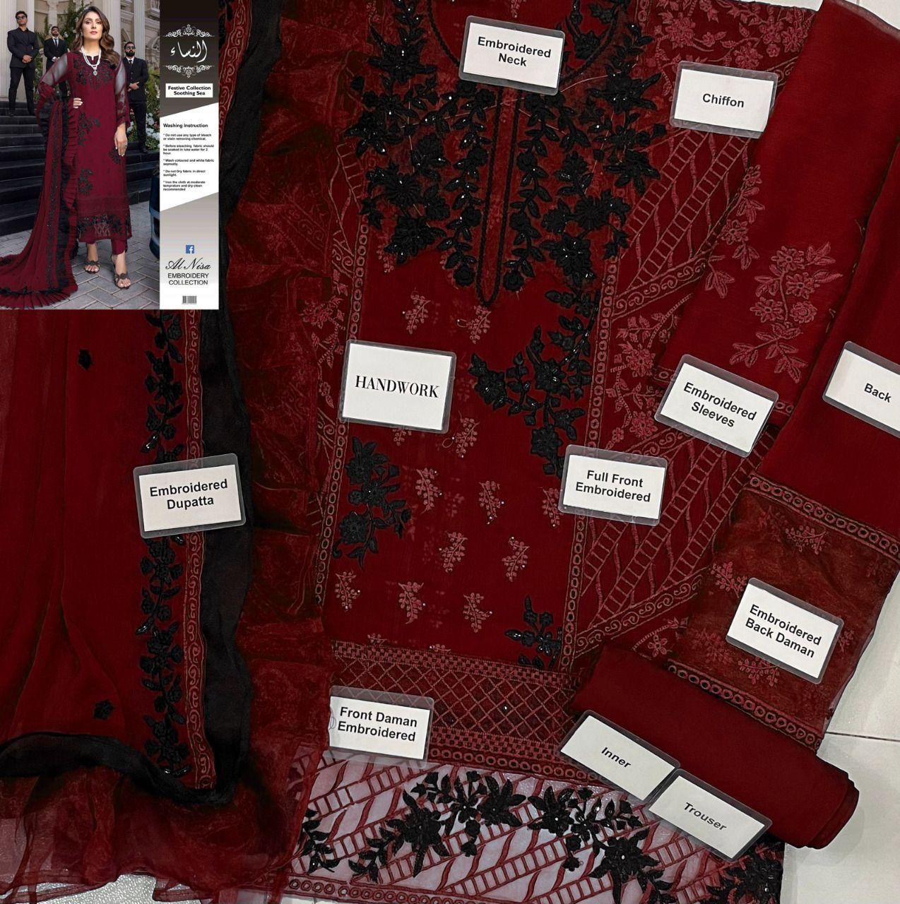 Women’s chiffon embroidered suit with neck and daman patches