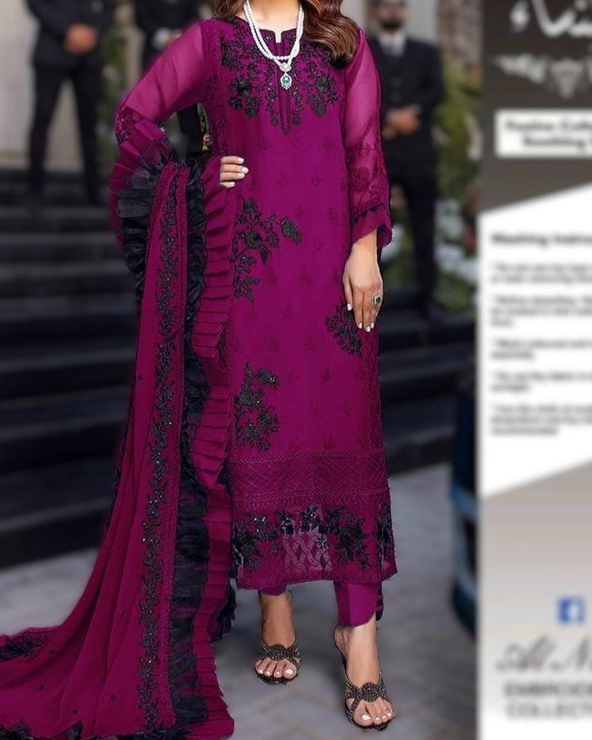 Women’s chiffon embroidered suit with neck and daman patches