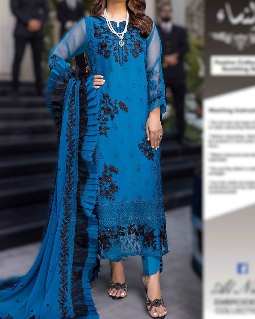 Women’s chiffon embroidered suit with neck and daman patches