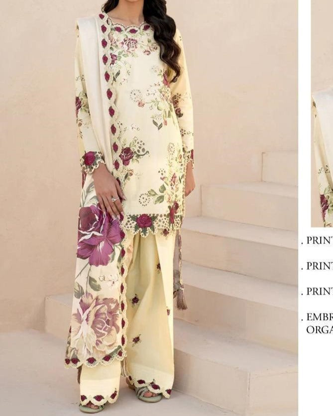 Luxury Embroidered Lawn 3-Piece Suit | Digital Print Shirt, Embroidered Patches & Chiffon Dupatta