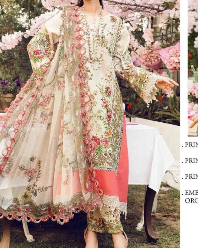 Luxury Embroidered Lawn 3-Piece Suit | Digital Print Shirt, Embroidered Patches & Chiffon Dupatta