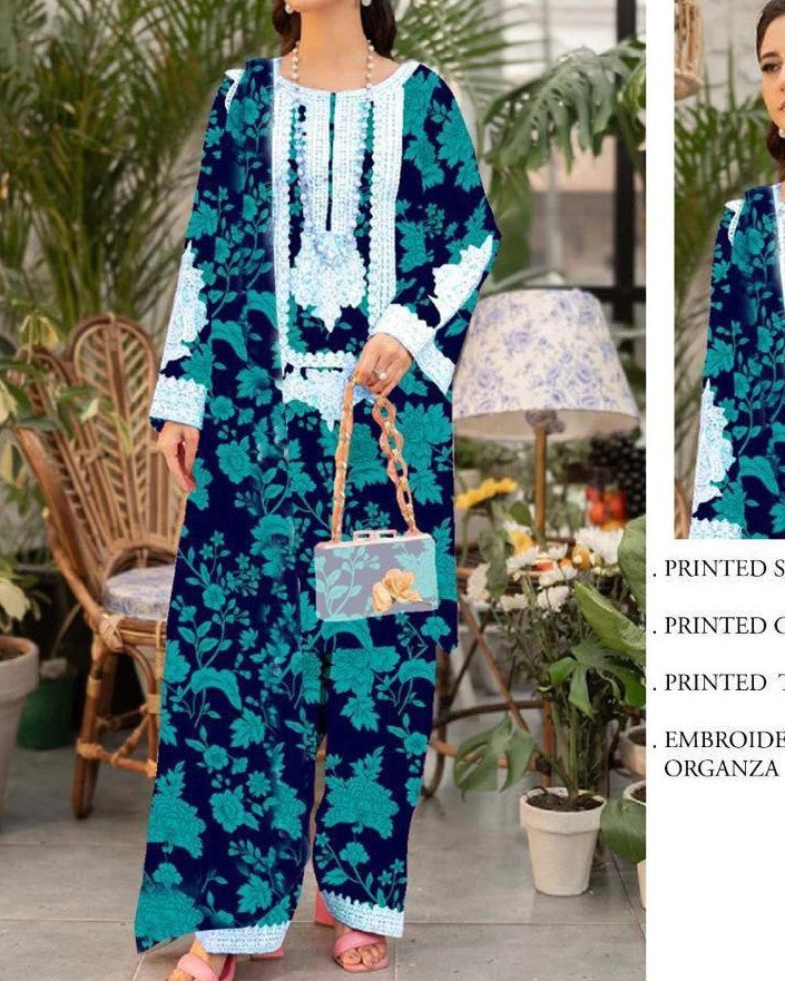 Luxury Embroidered Lawn 3-Piece Suit | Digital Print Shirt, Embroidered Patches & Chiffon Dupatta