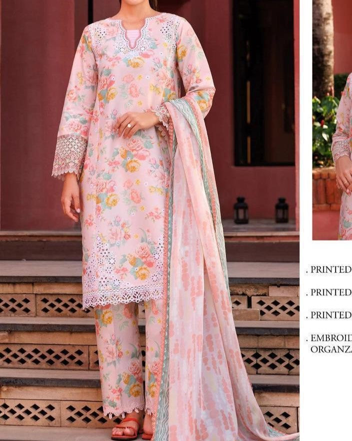 Luxury Embroidered Lawn 3-Piece Suit | Digital Print Shirt, Embroidered Patches & Chiffon Dupatta