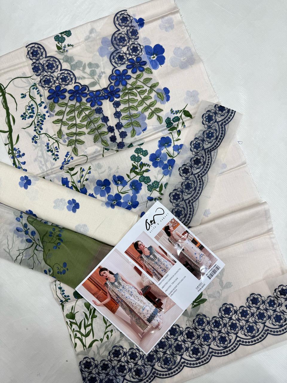 Luxury Embroidered Lawn 3-Piece Suit | Digital Print Shirt, Embroidered Patches &amp; Chiffon Dupatta