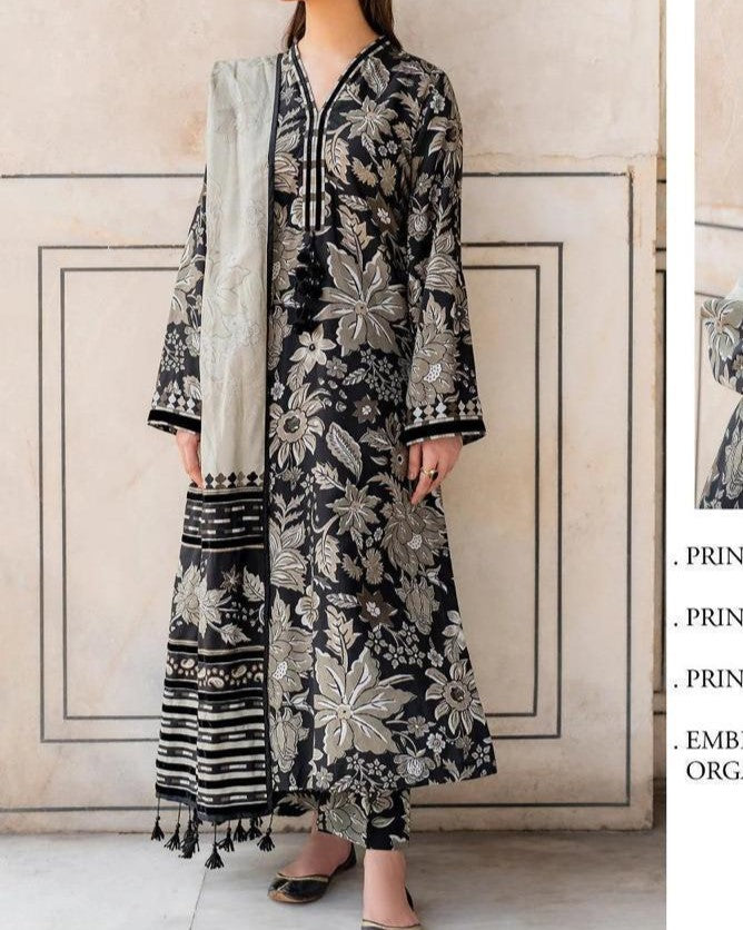 Luxury Embroidered Lawn 3-Piece Suit | Digital Print Shirt, Embroidered Patches & Chiffon Dupatta