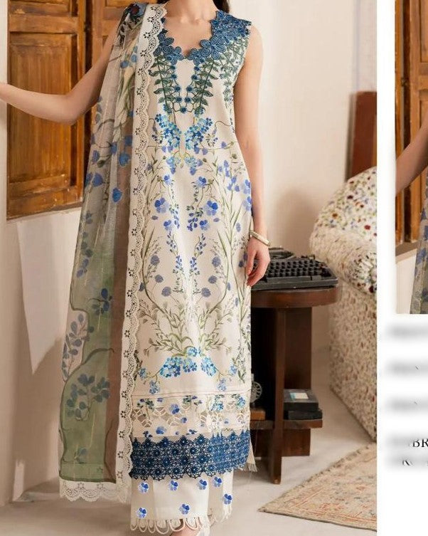 Luxury Embroidered Lawn 3-Piece Suit | Digital Print Shirt, Embroidered Patches & Chiffon Dupatta
