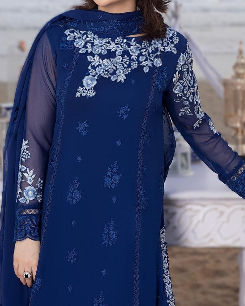 Luxury Chiffon Embroidered Unstitched Suit with Malai Trouser