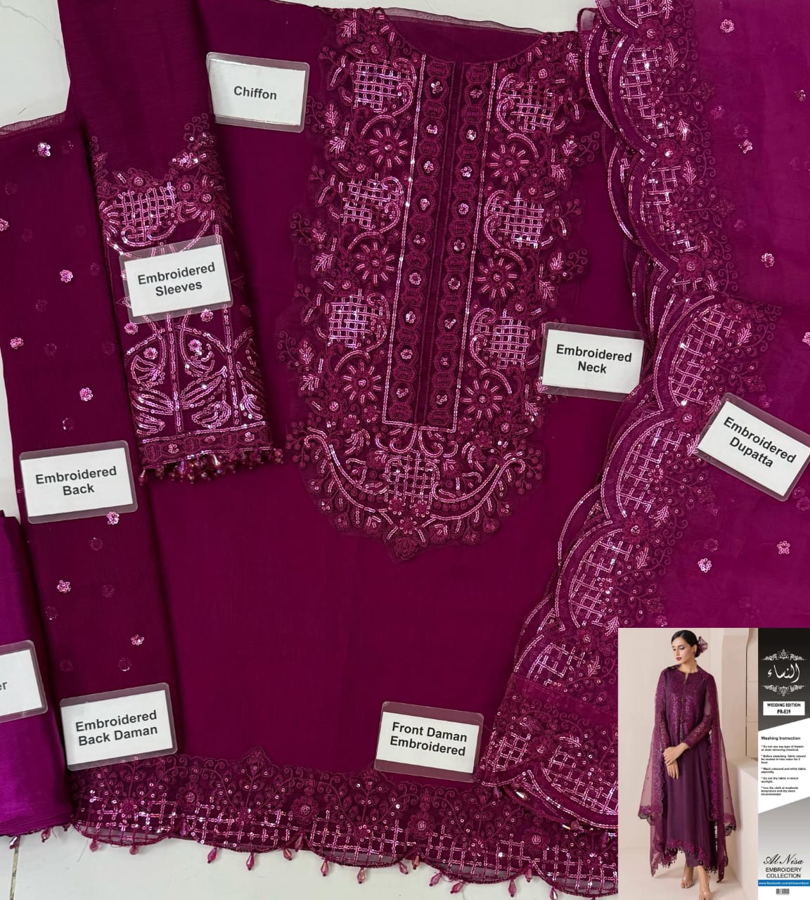 Premium embroidered chiffon and organza outfit for festive occasions
Stylish chiffon sleeves and embroidered neckline dress