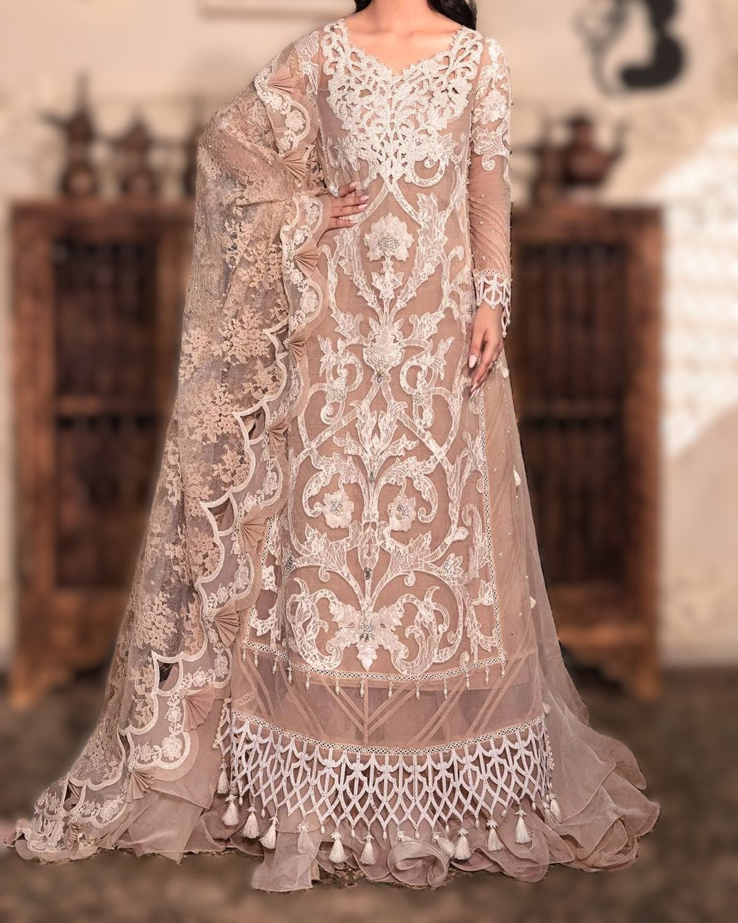 Premium organza embroidered 3-piece suit with spangle work