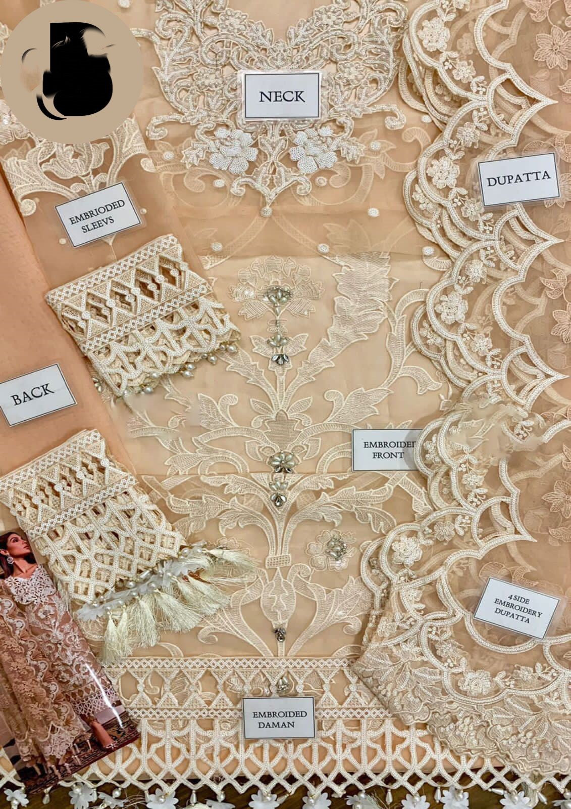 Heavy embroidered organza dress with 3D flowers and dupatta
