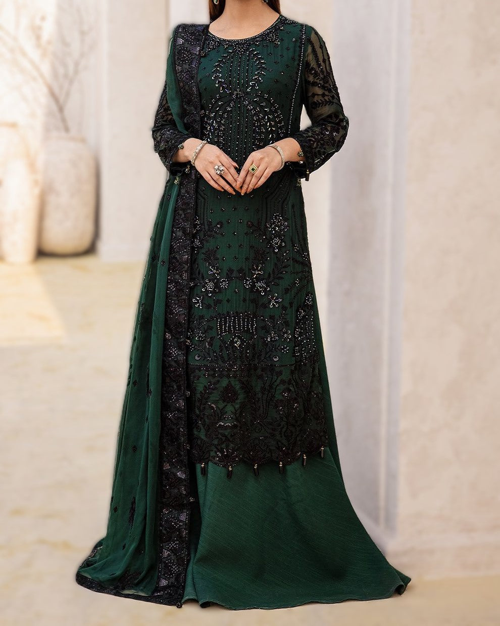 Unstitched chiffon sequence work dress for weddings
Premium chiffon fabric with elegant embroidery design