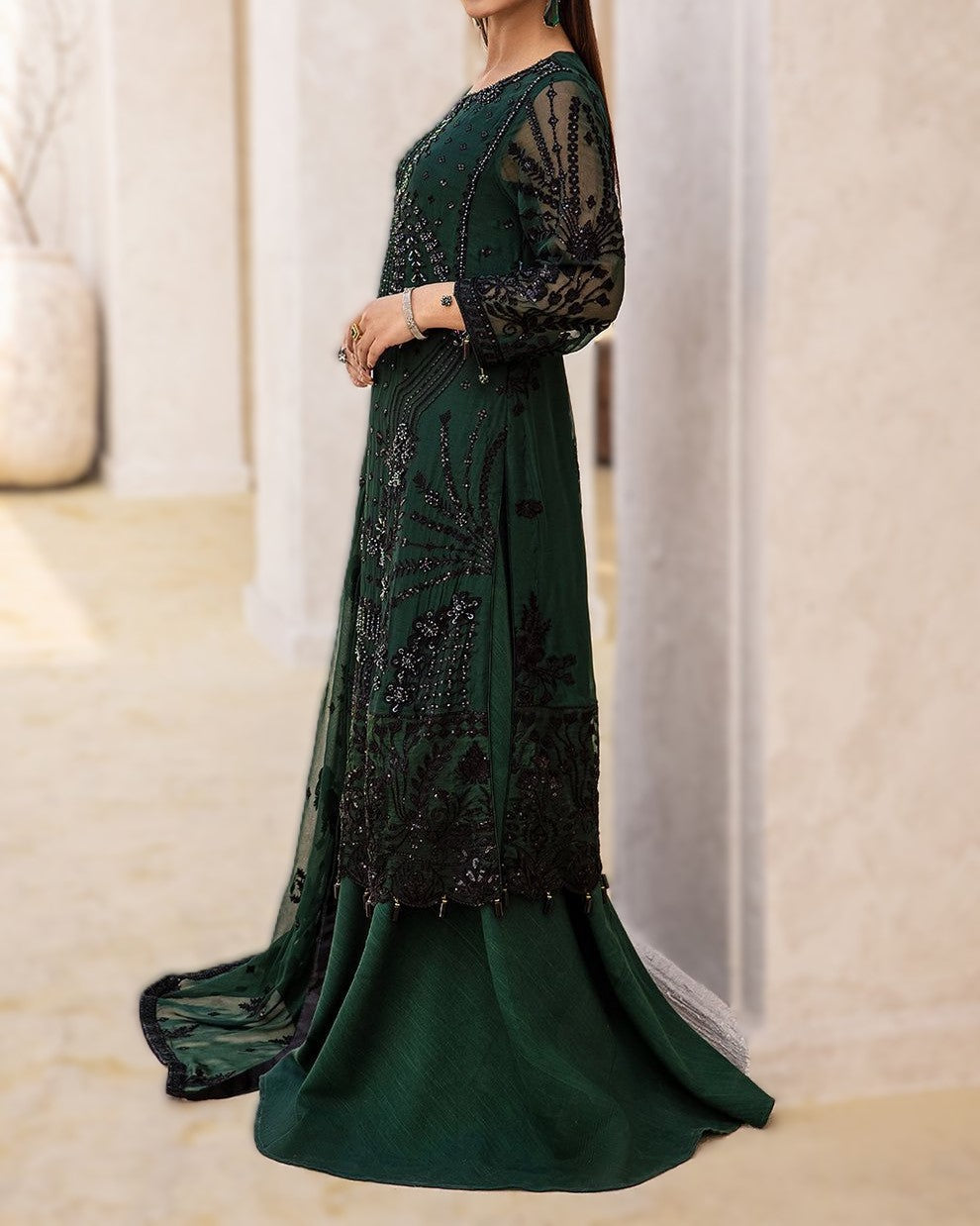 Chiffon Embroidered Unstitched 3-Piece Suit with Silk Trouser | Luxury Sequence Work | Party & Wedding Wear