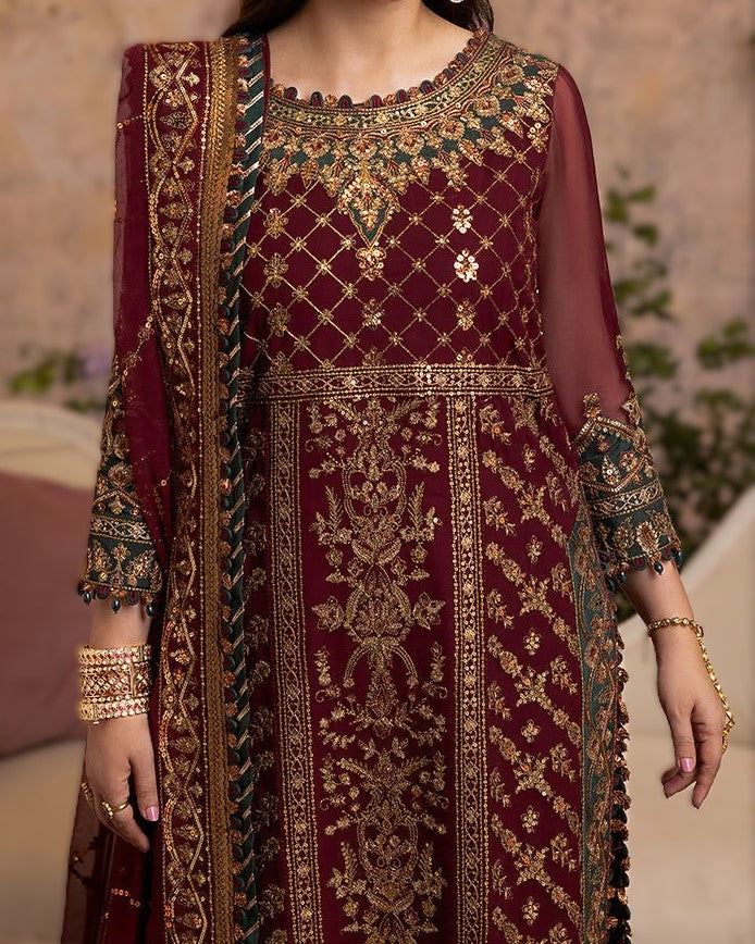 Front view of luxury chiffon embroidered wedding dress with daman border
Heavily embroidered front body with thread and sequence work