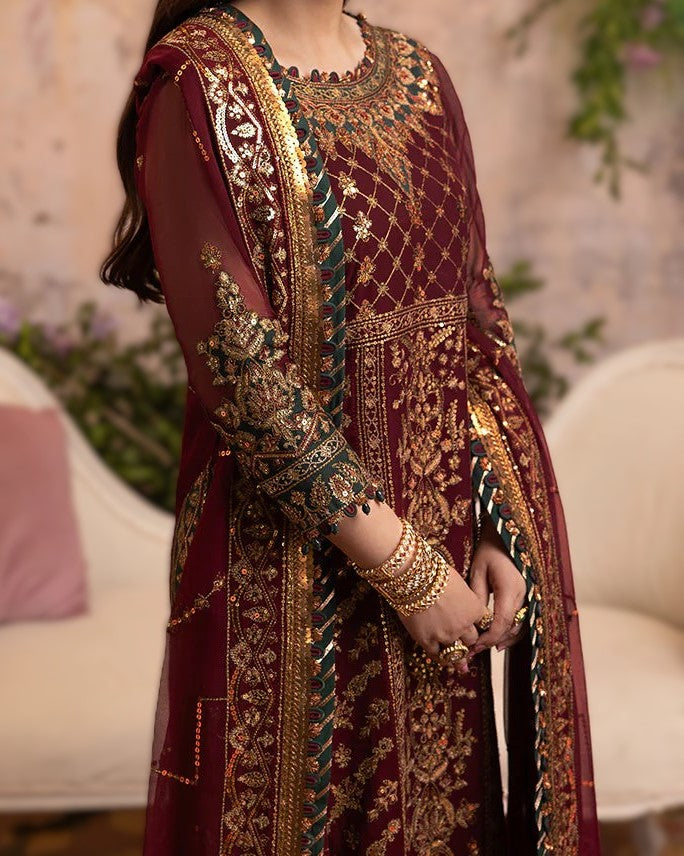 Front view of luxury chiffon embroidered wedding dress with daman border
Heavily embroidered front body with thread and sequence work