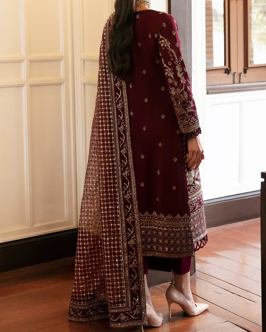 Mehroon Semi-Chiffon Embroidered 3-Piece Suit – Elegant Party Wear