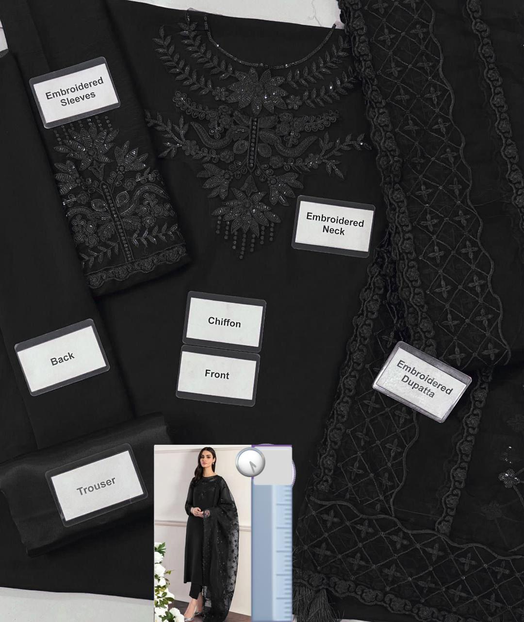 Stylish chiffon suit with embroidered neck patch and chiffon sleeves