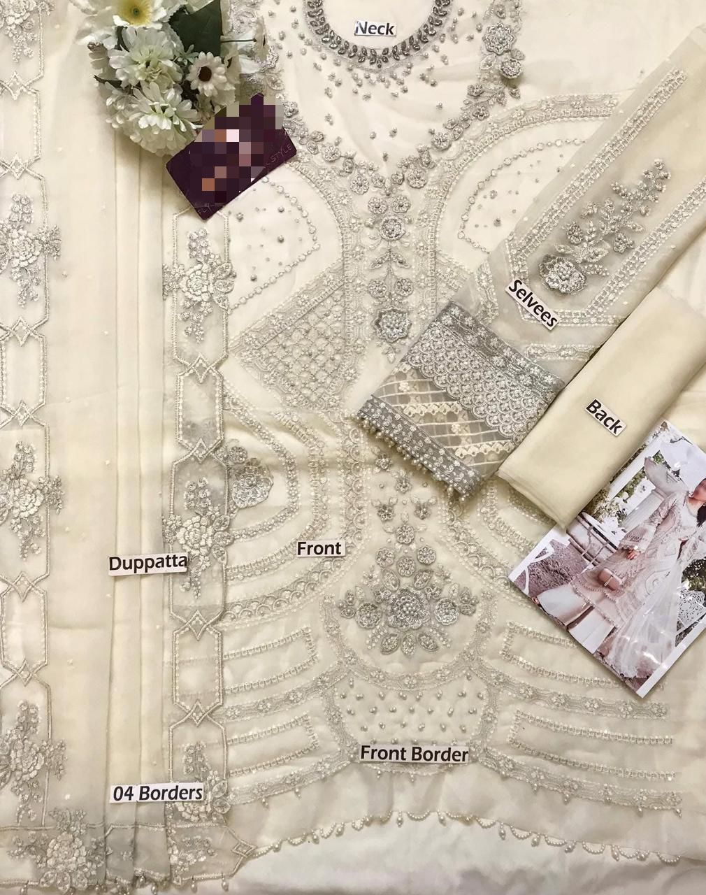 Luxury chiffon 3-piece unstitched suit with heavy embroidered dupatta and tussels