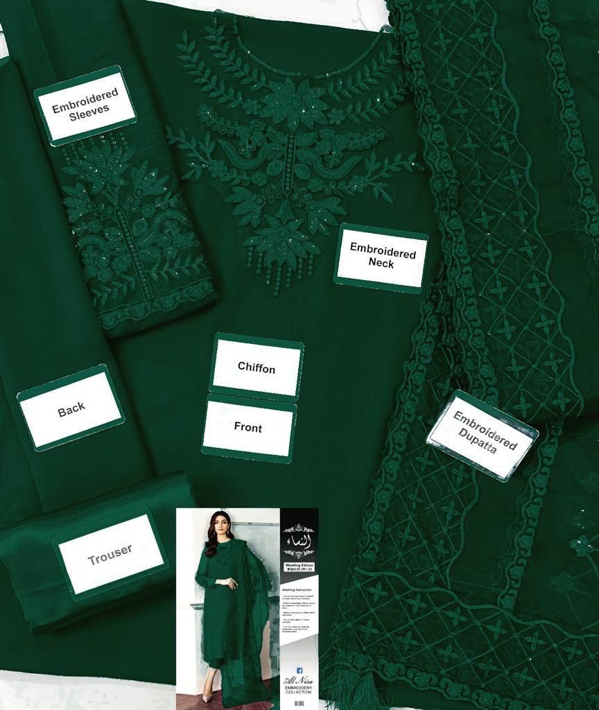 Stylish chiffon suit with embroidered neck patch and chiffon sleeves