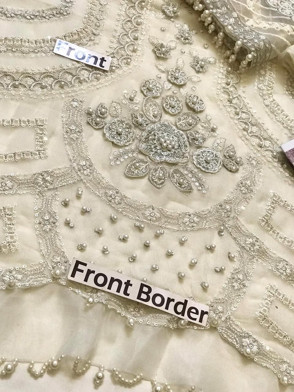 Luxury chiffon 3-piece unstitched suit with heavy embroidered dupatta and tussels