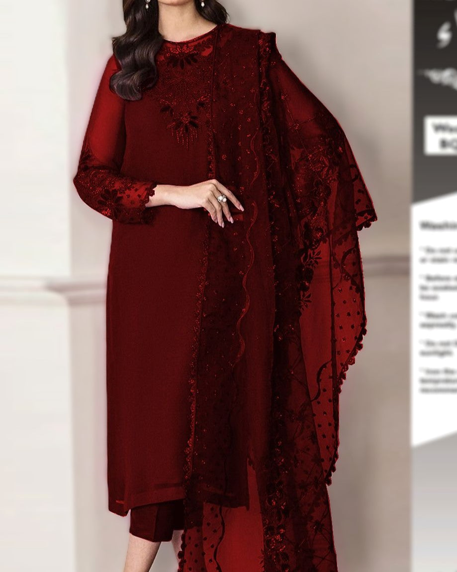 Women’s Luxury Embroidered Chiffon Suit with Organza Dupatta