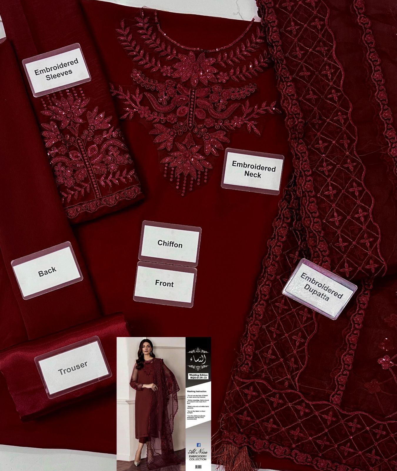 Stylish chiffon suit with embroidered neck patch and chiffon sleeves