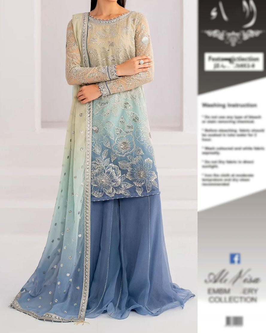 Luxury Embroidered Chiffon Suit with Tie & Dye Design