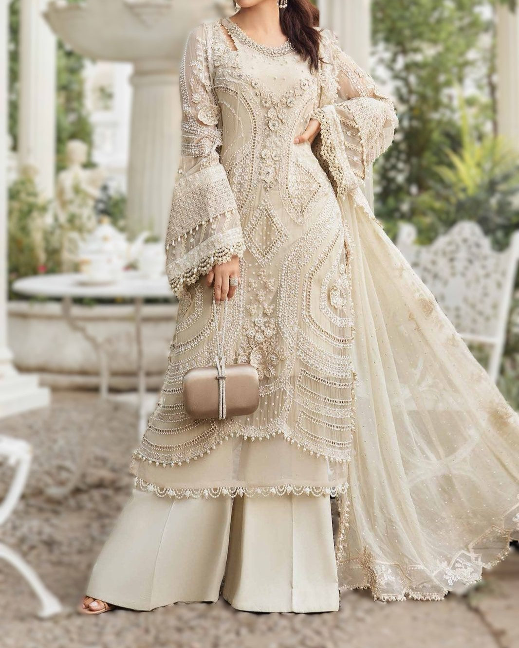 Luxury chiffon 3-piece unstitched suit with heavy embroidered dupatta and tussels