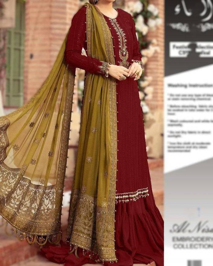 Chiffon shirt with heavy sequence embroidery and embroidered neckline patch
