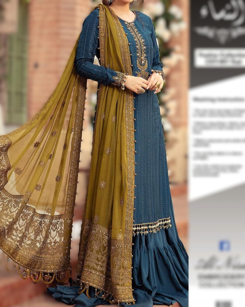 Chiffon shirt with heavy sequence embroidery and embroidered neckline patch
