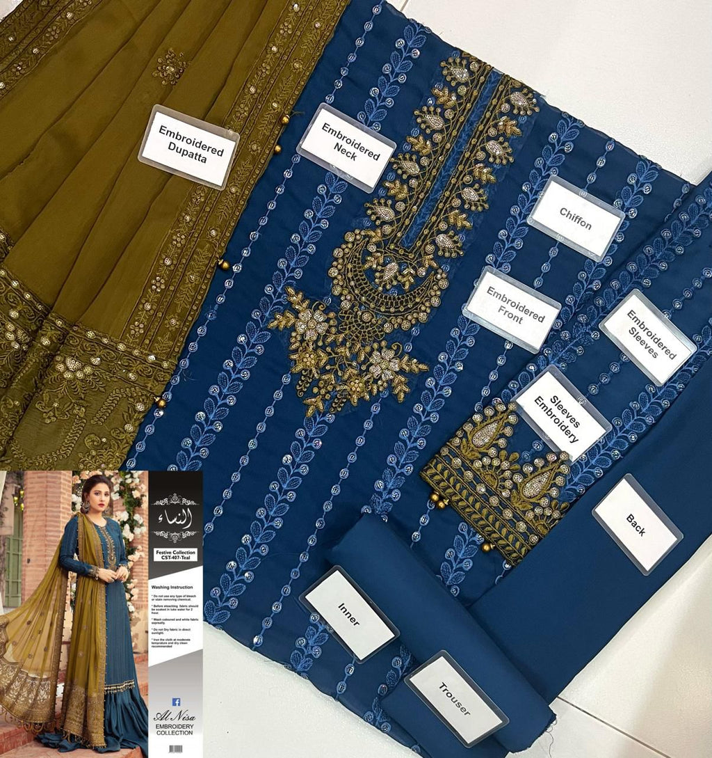 Chiffon shirt with heavy sequence embroidery and embroidered neckline patch