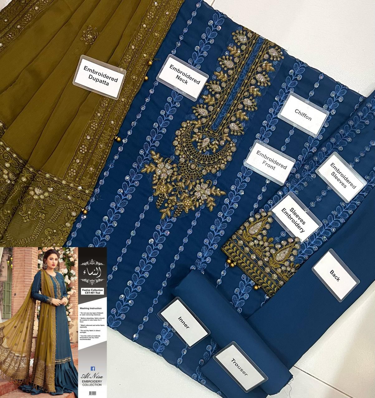 Chiffon shirt with heavy sequence embroidery and embroidered neckline patch