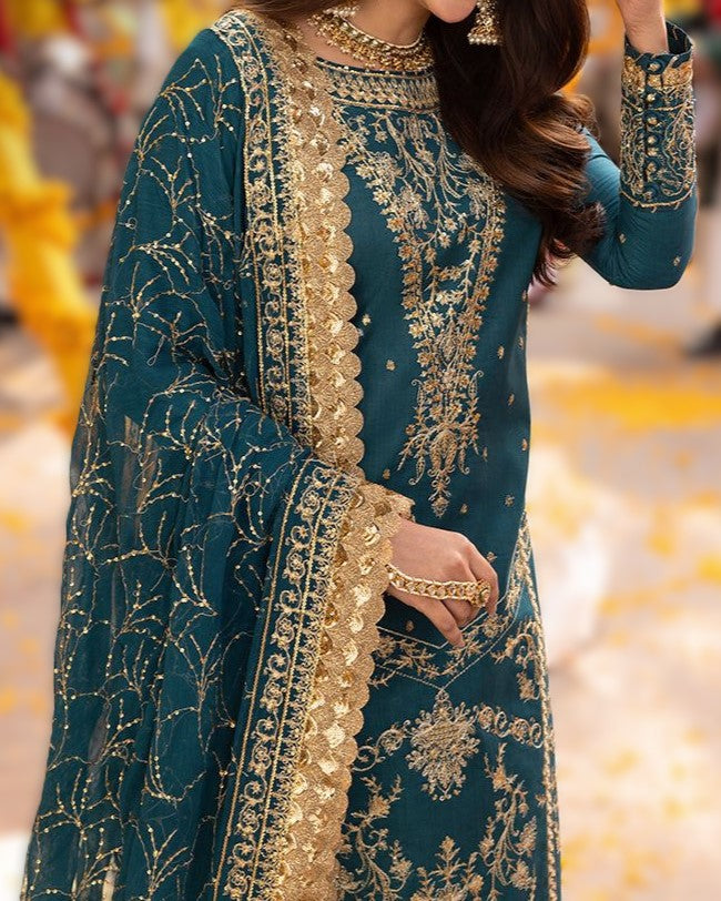 Chiffon shirt front and back with embroidery and daman bunch design
Premium embroidered chiffon 3-piece suit with sequence work