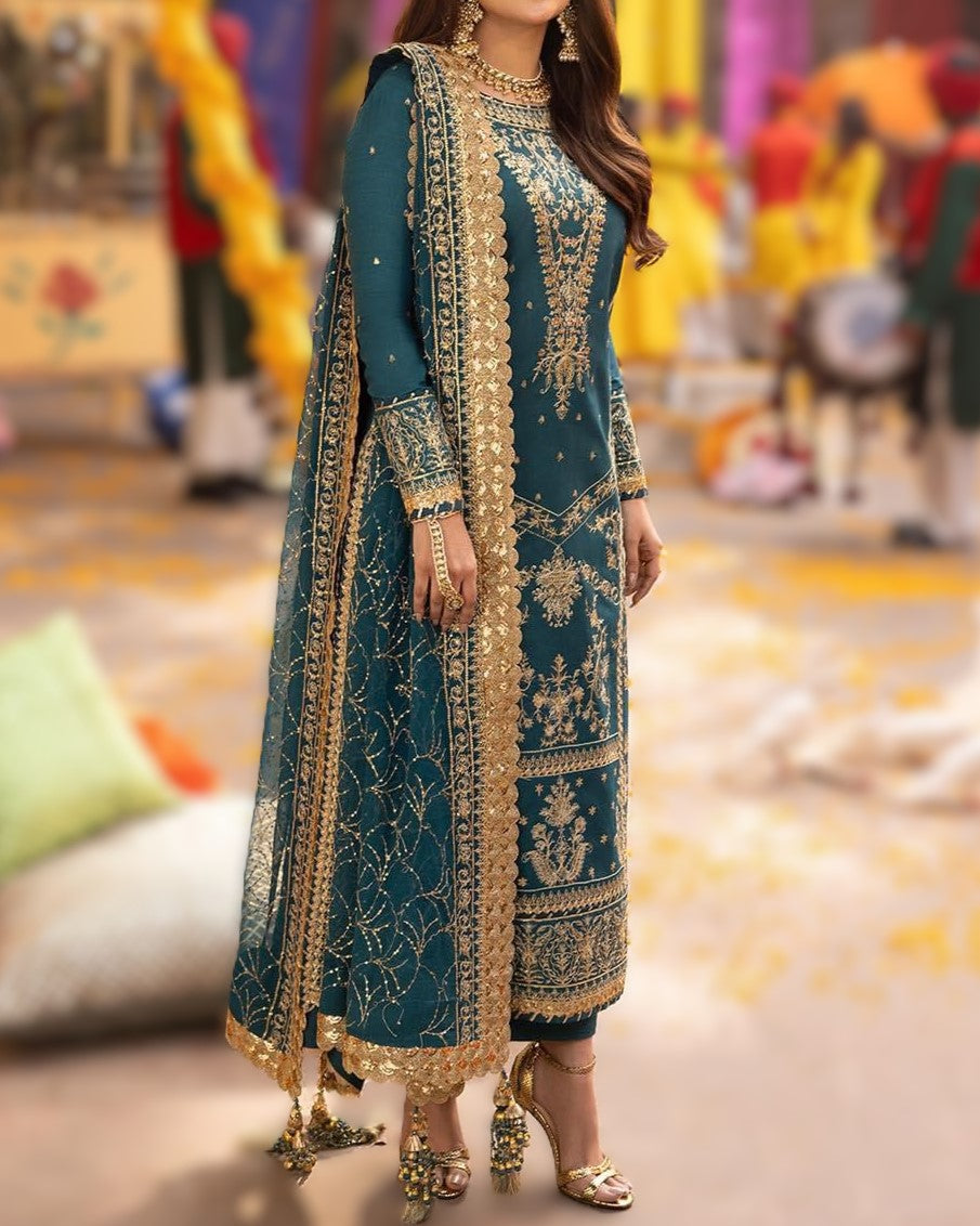 Chiffon shirt front and back with embroidery and daman bunch design
Premium embroidered chiffon 3-piece suit with sequence work