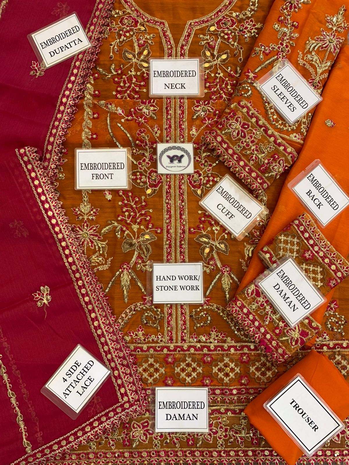 Heavy embroidered chiffon sleeves with cuff patch and detailed embroidery
