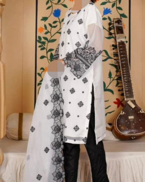 Embroidered Elegance – Organza &amp; Khatan 3-Piece Suit