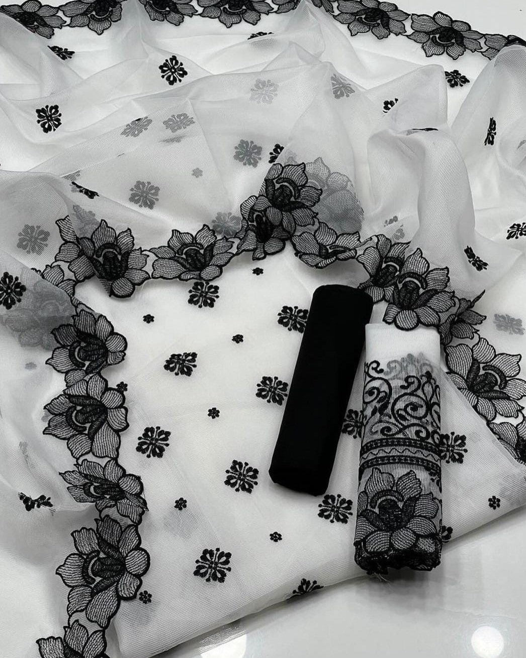 Embroidered Elegance – Organza &amp; Khatan 3-Piece Suit