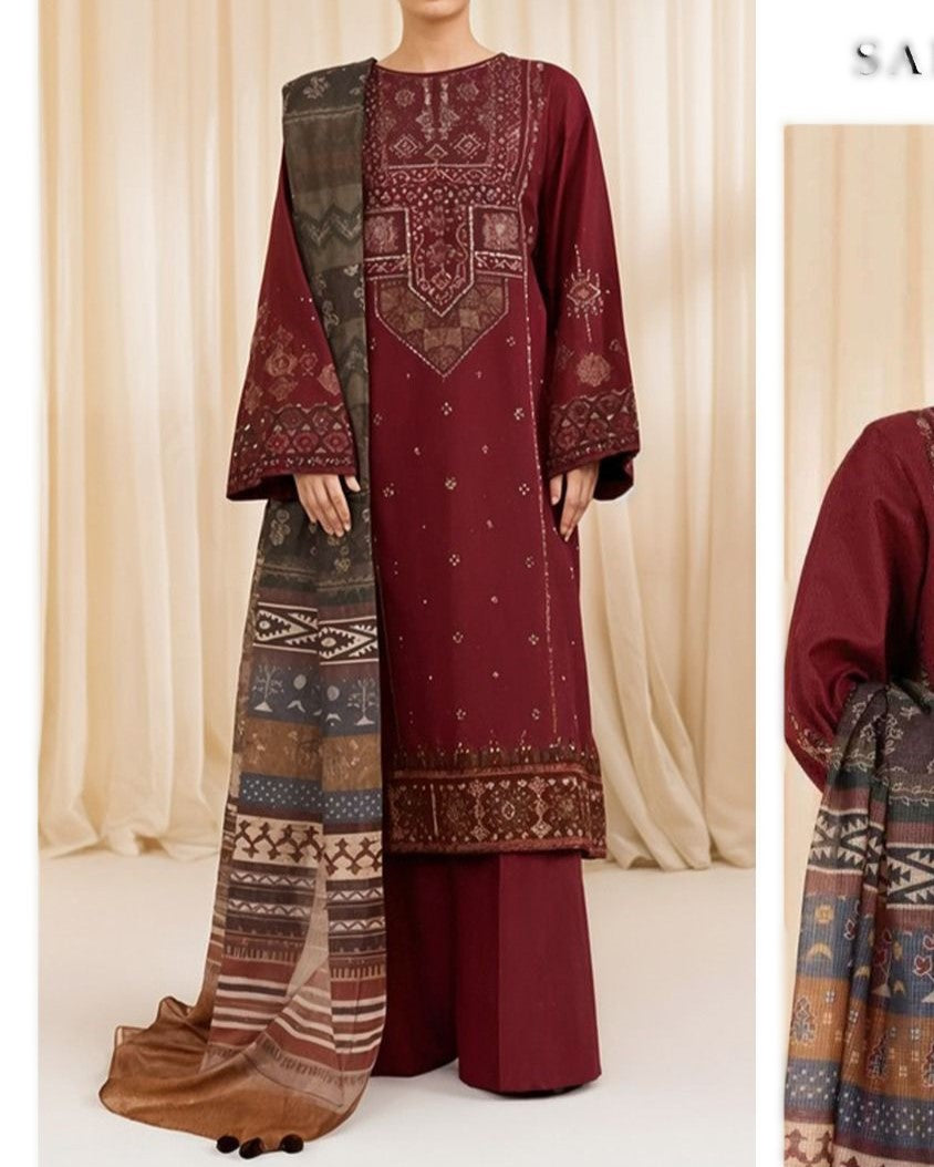 wool-like warm shawl with dhanak suit
premium dyed dhanak 3 piece winter collection