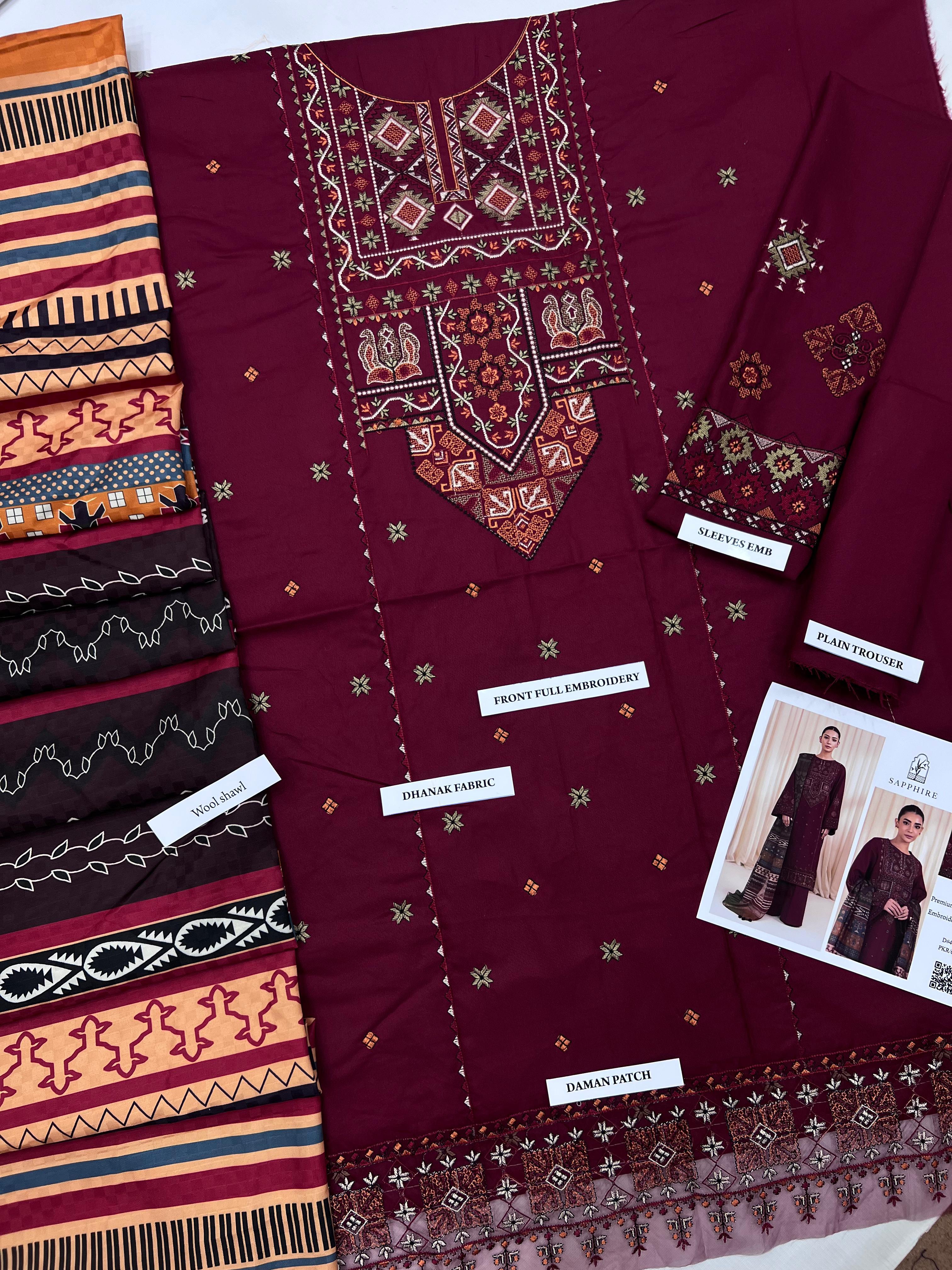 wool-like warm shawl with dhanak suit
premium dyed dhanak 3 piece winter collection