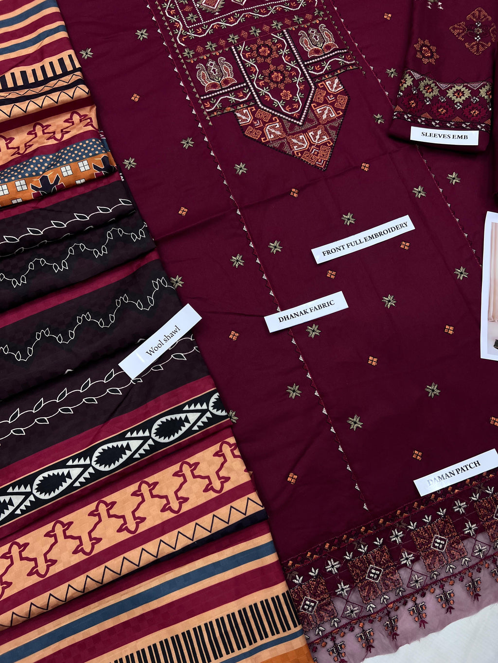 wool-like warm shawl with dhanak suit
premium dyed dhanak 3 piece winter collection